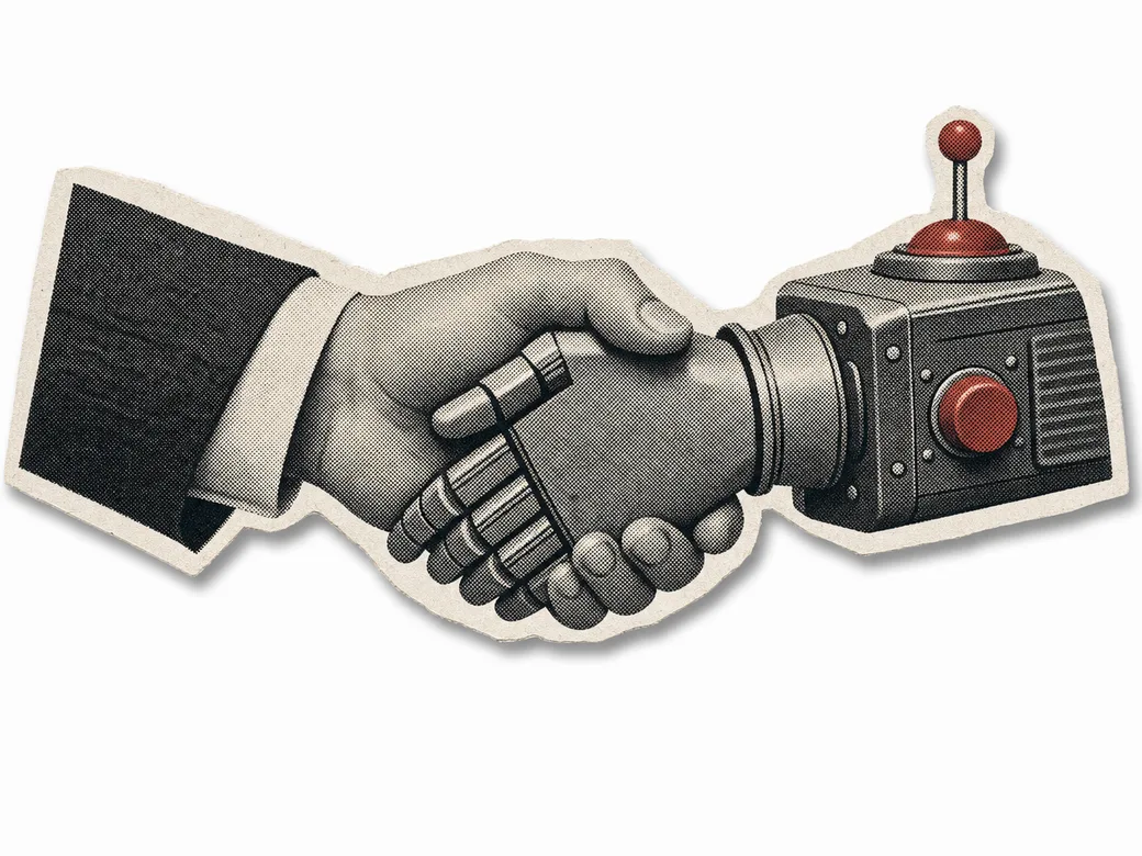 Human hand shaking a toy robot hand