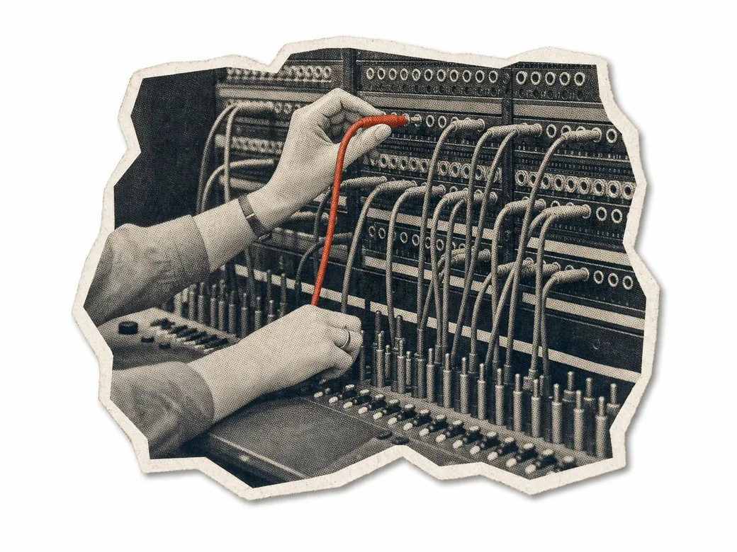 Vintage switchboard with patch cables — every channel wired to a workspace